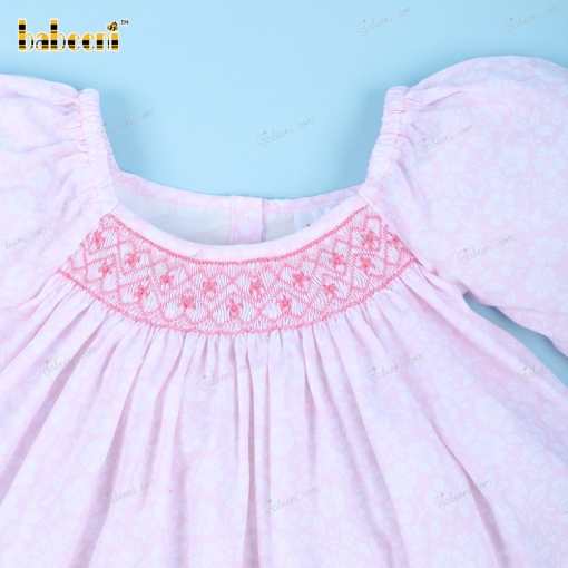 Smocked Geometric Bishop Dress In Pink For Girl - BB3145